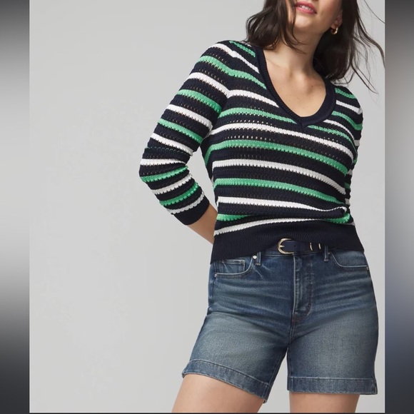WHBM Long Sleeve Stripe V-Neck Pullover Sweater Crochet knit Size Medium - Picture 3 of 12